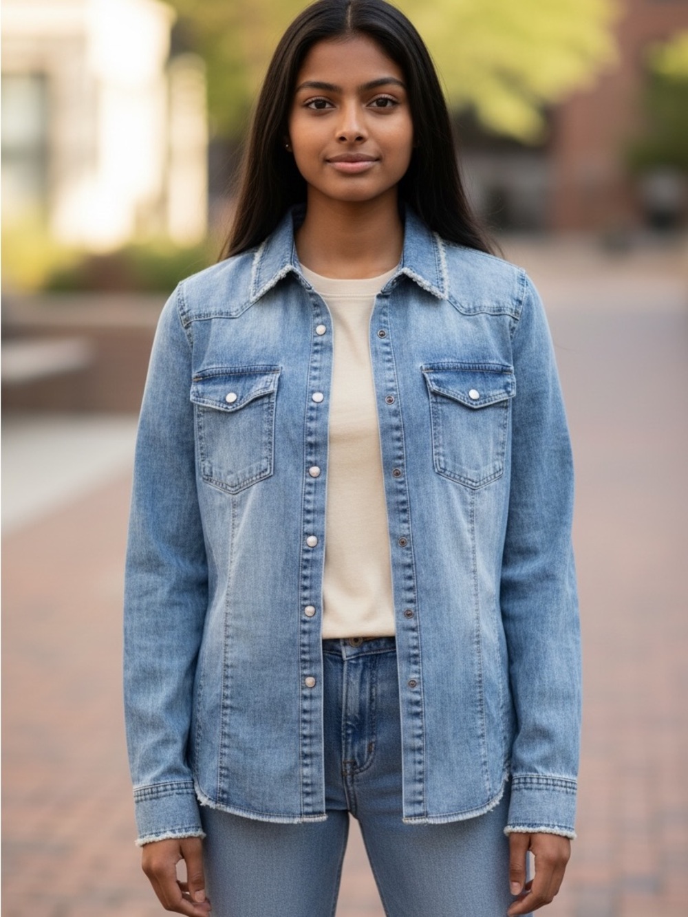 Peter Nygard Light Blue Denim Shirt/jacket with raw edge size small